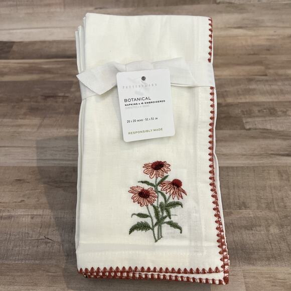 NWT POTTERY BARN 4 MIXED BOTANICAL EMBROIDERED NAPKINS 20"x20" COTTON/LINEN - Picture 1 of 6
